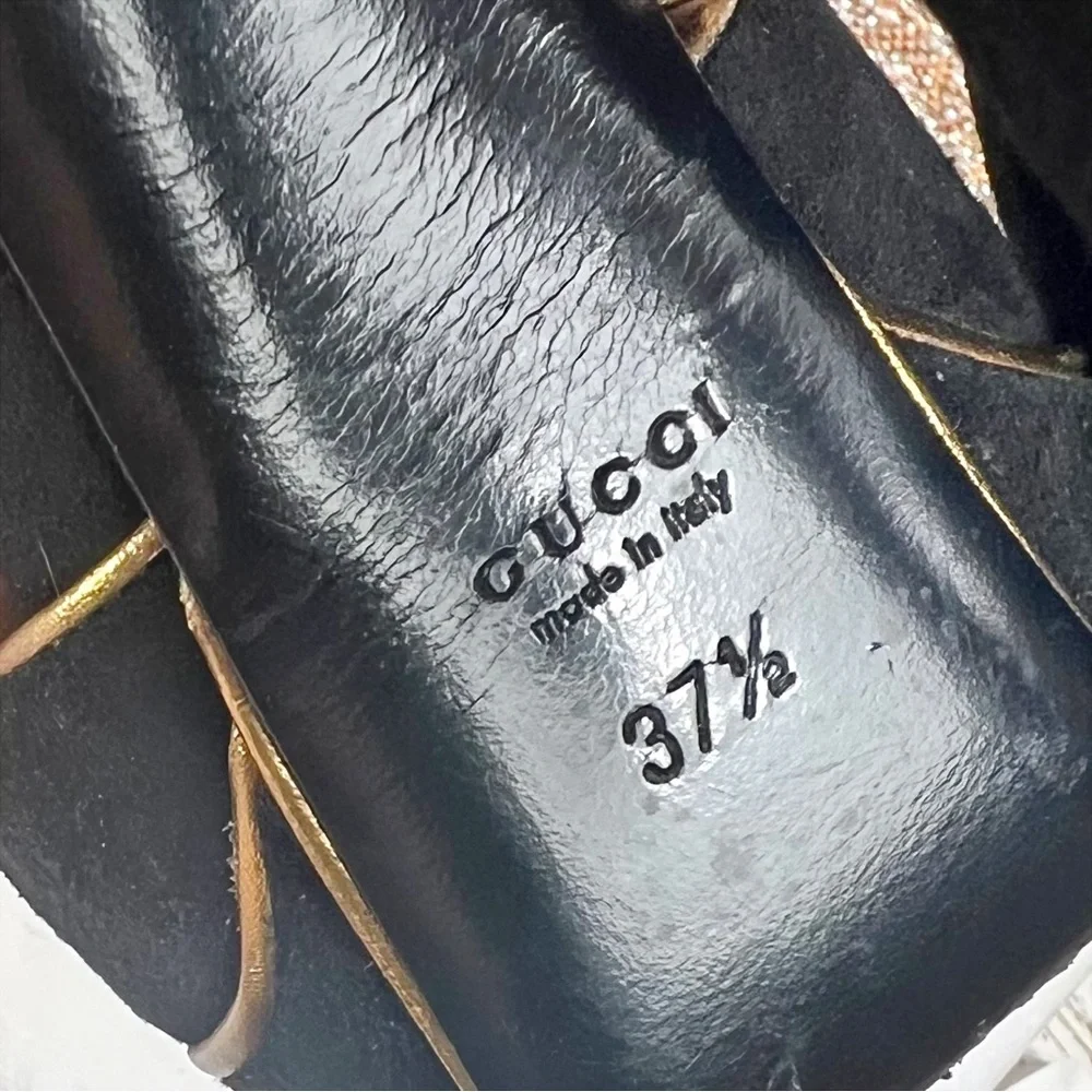 Gucci Black Suede w/ Gold Piping Huston Ankle Strap Platform Pumps​